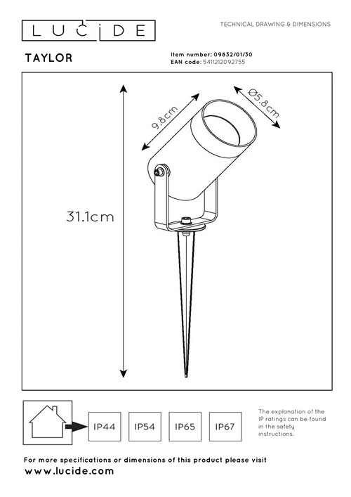 Lucide TAYLOR - Tuinspot - Ø 10 cm - 1xGU10 - IP65 - Zwart - technisch